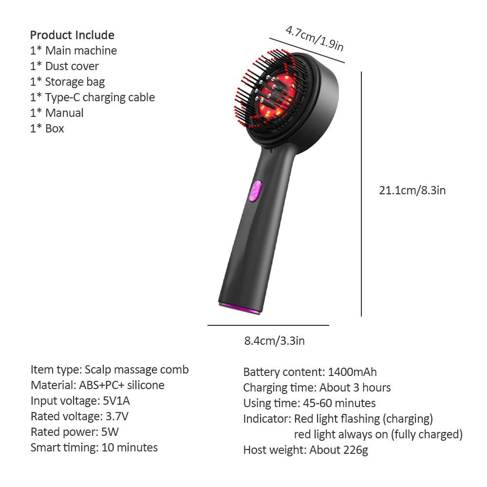 Vibration Scalp Comb with Red Light Therapy & Oil Applicator — Hair Growth & Anti‑Hair‑Loss Treatment